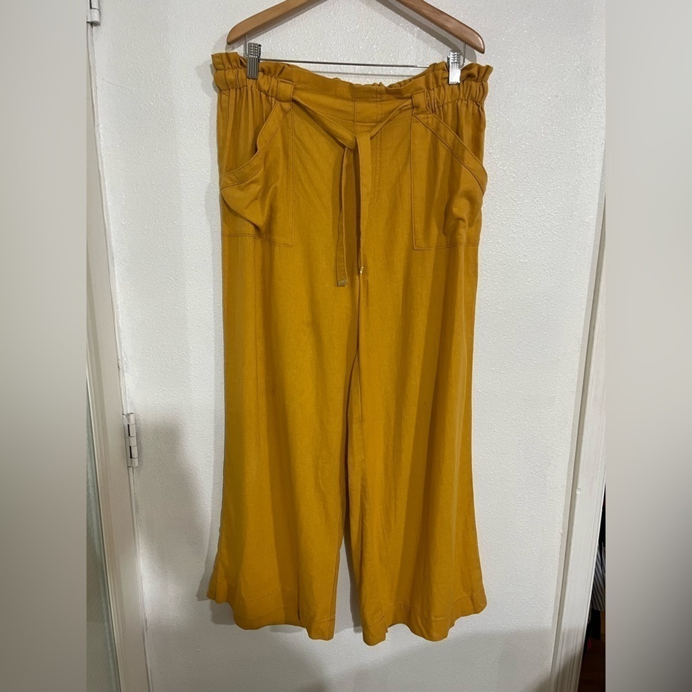 Marc New York  Andrew Mark L yellow paperbagwaist wide pants linenblend cropped